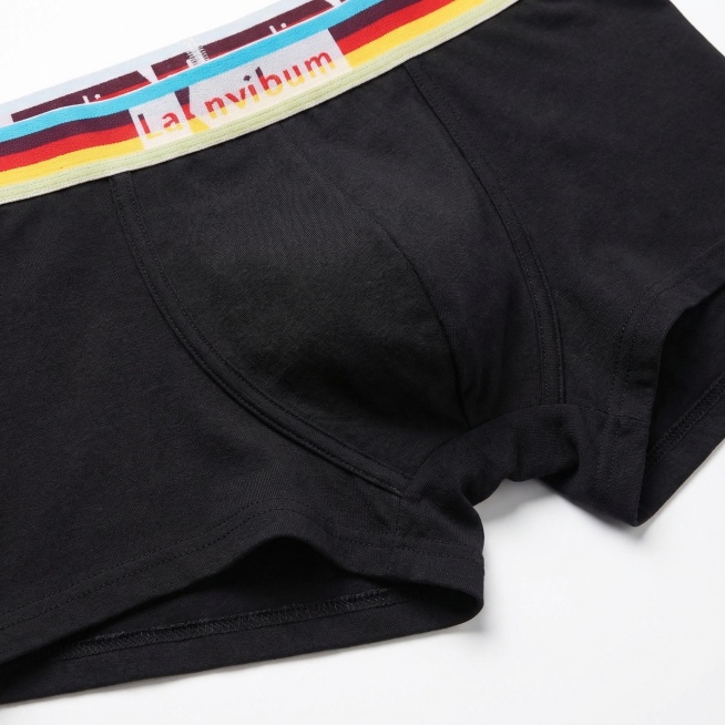黑色男士平角内裤平铺细节特写，高清展示面料纹理、腰头彩色字母织带细节、裤身缝线工艺，纯白色背景，商业产品摄影风格，光线均匀柔和，清晰呈现面料质感预览效果