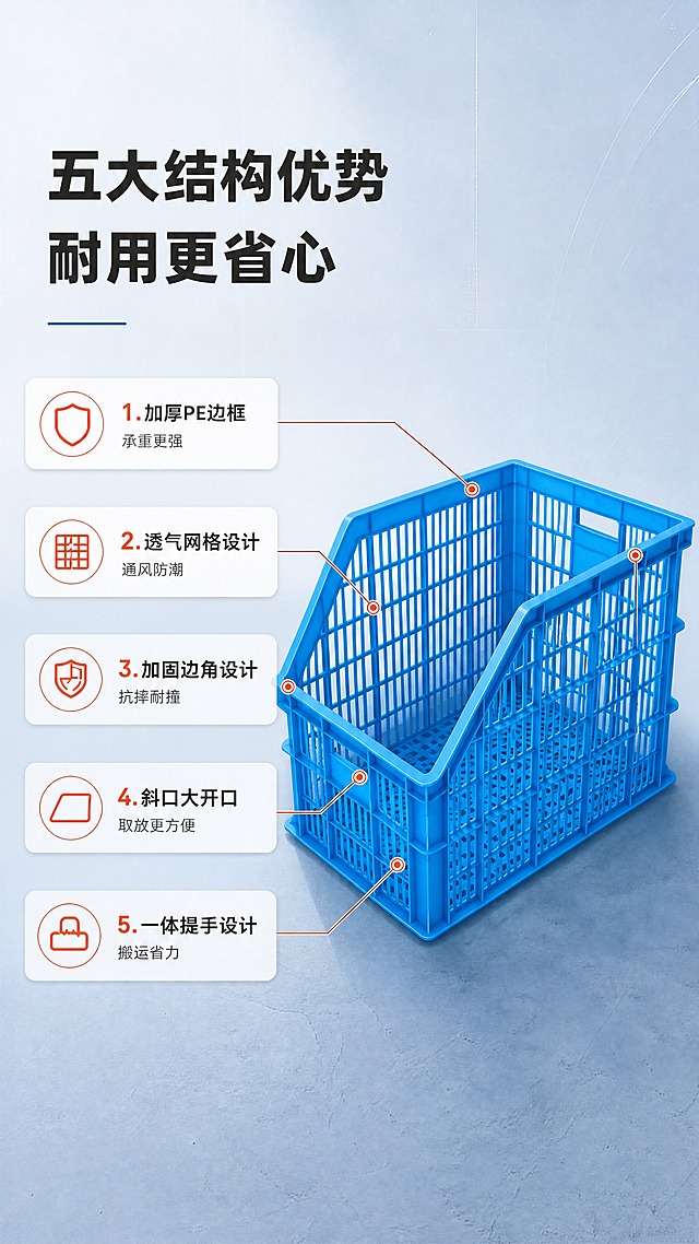 [商品] 使用【图2】蓝色585斜口塑料周转筐；保留产品整体结构、蓝色PE塑料材质、网格镂空设计、斜口造型、提手位置、产品比例和外观，不改变产品形状和颜色。
[画面] 目标为结构卖点页，左文右图构图，左侧为卖点文字区，右侧为产品主体；产品占画面50%，斜侧45度摆放，展示正面和侧面结构；用细线引线从产品关键部位引出标注，分别指向加厚边框、透气网格、加固边角、斜口开口、提手设计5个部位；背景为浅灰蓝色渐变，突出产品结构细节。
[视觉] 套系策略：风格=工业仓储风商业摄影；标题字=粗黑体；正文字=简洁无衬线黑体；主色=工业蓝；背景延展=基于工业蓝做深浅层级、同色渐变和金属/水泥质感；强调色=橙红色，仅用于小面积图标、引线和标签；标题色=深炭灰；正文色=中灰；组件=圆角信息卡、细线引线、图标标签；光影=左前侧冷调柔光，突出塑料质感和网格结构。
[文字] 左上主标题「五大结构优势 耐用更省心」，右侧引线标注对应卖点：1.加厚PE边框 承重更强 2.透气网格设计 通风防潮 3.加固边角设计 抗摔耐撞 4.斜口大开口 取放更方便 5.一体提手设计 搬运省力；文字清晰可读，不遮挡产品主体。
[规格] 图片比例9:16竖版，4K分辨率，负向提示：避免产品变形、比例失调、颜色改变、文字模糊、极限词、虚假宣传、连续同构版式。