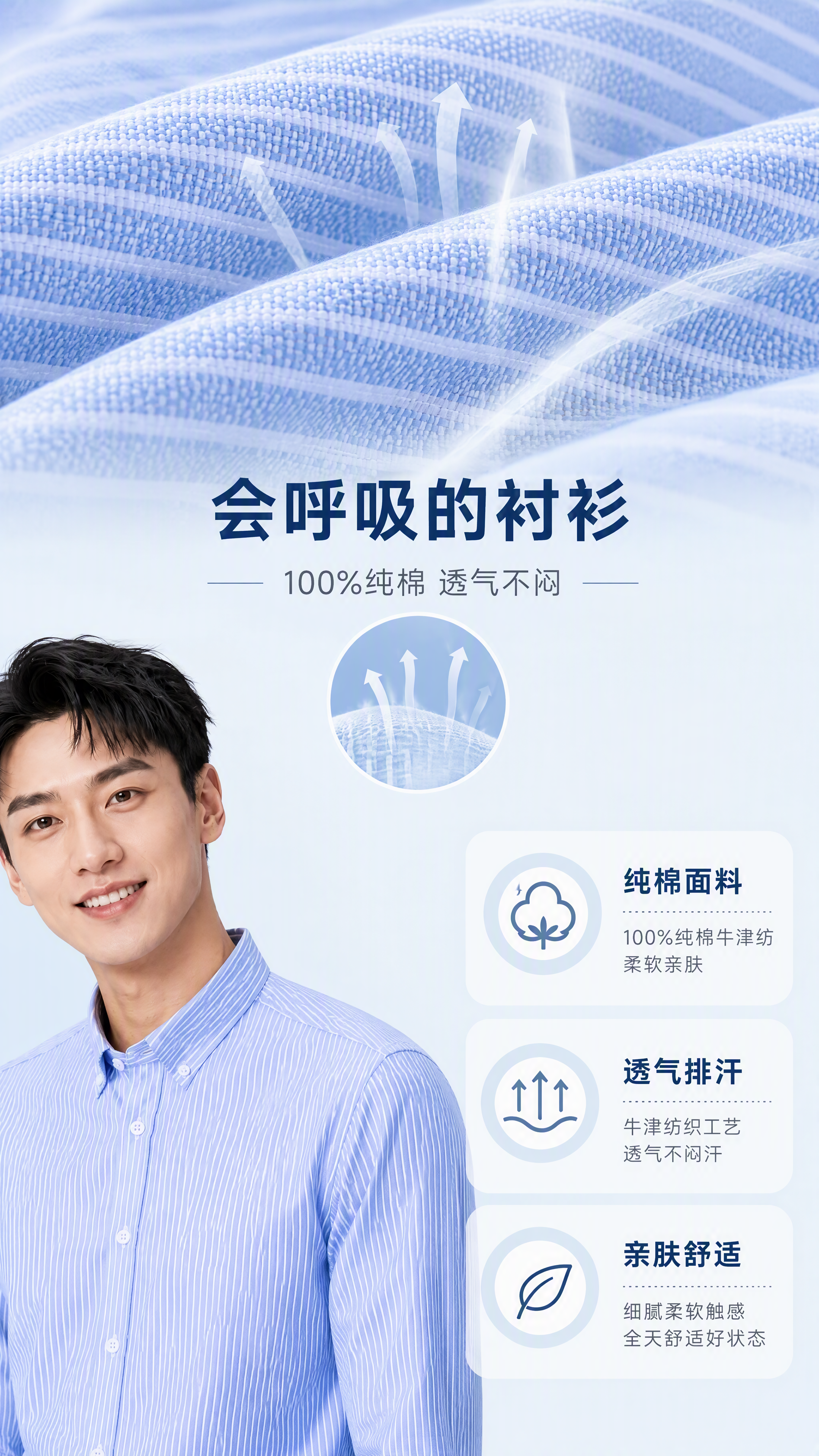 [第2张] 核心卖点页-牛津纺男士商务衬衫100%纯棉透气舒适… - 图片创意预览