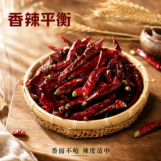 [主图-4] 餐桌场景展示主图
[氛围风格] 生活化场景，真实使用感，激发食欲
[画质] 商业摄影质感，光线柔和通透，产品清晰真实，画面干净高级
[元素] 干辣椒放置在竹编筐中，竹编筐摆放在原木餐桌台面上，背景搭配几支干小麦做装饰，保持干辣椒颜色、形态、质感与输入产品图完全一致，杜绝变形色差。商品主体占比约70%，画面整体温馨自然，场景真实不抢产品风头。画面满屏无边框
[光影] 自然光从左侧射入，产生柔和阴影，增强场景真实感
[配色] 红辣椒+原木棕+米色背景，自然温暖配色
[视角构图] 45度斜侧平视，前中后景分层，景深中等
[文字版式] 左上角文案写“香辣平衡”，深红色粗体字，底部小字写“香而不呛 辣度适中”，深棕色字体，都不遮挡产品主体
[比例分辨率] 1:1比例，4k分辨率，文字清晰可辨，超高清
[负向提示词] 变形，水印，文字错乱，产品图模糊，背景杂乱