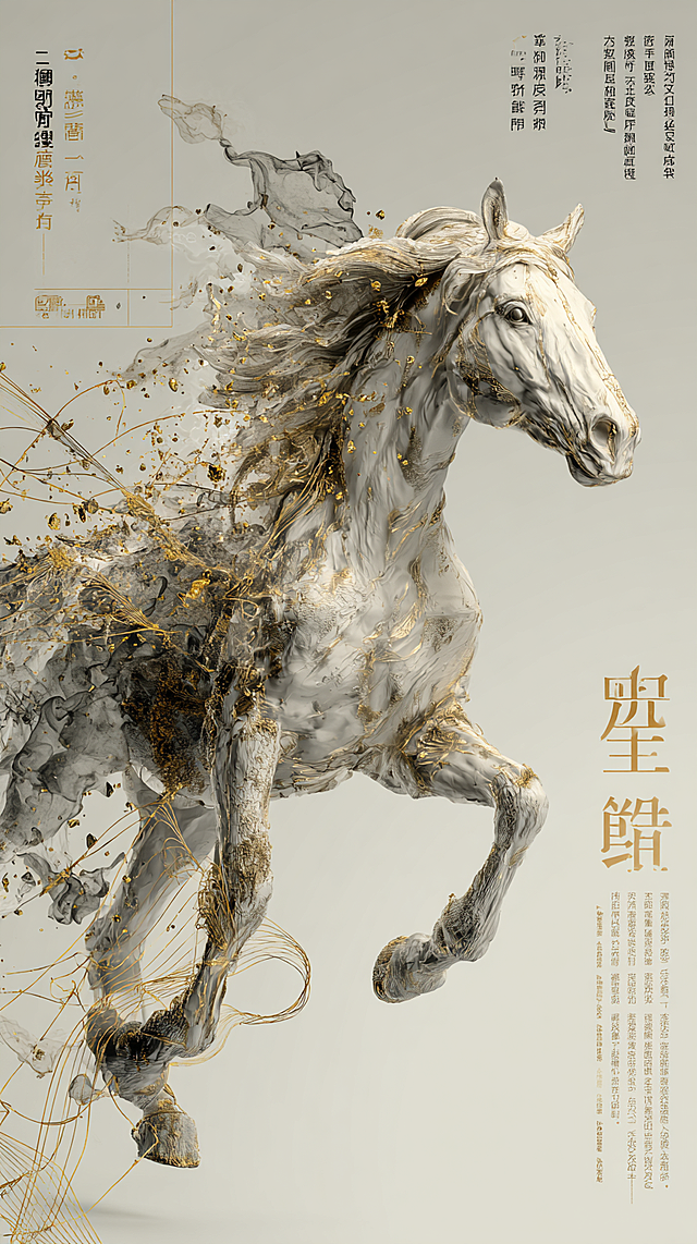 鎏金浮雕马奔腾于虚拟自然，融合3D国潮风与液态粒子，展现中式古典奢华之美，优雅唯文艺感十足。