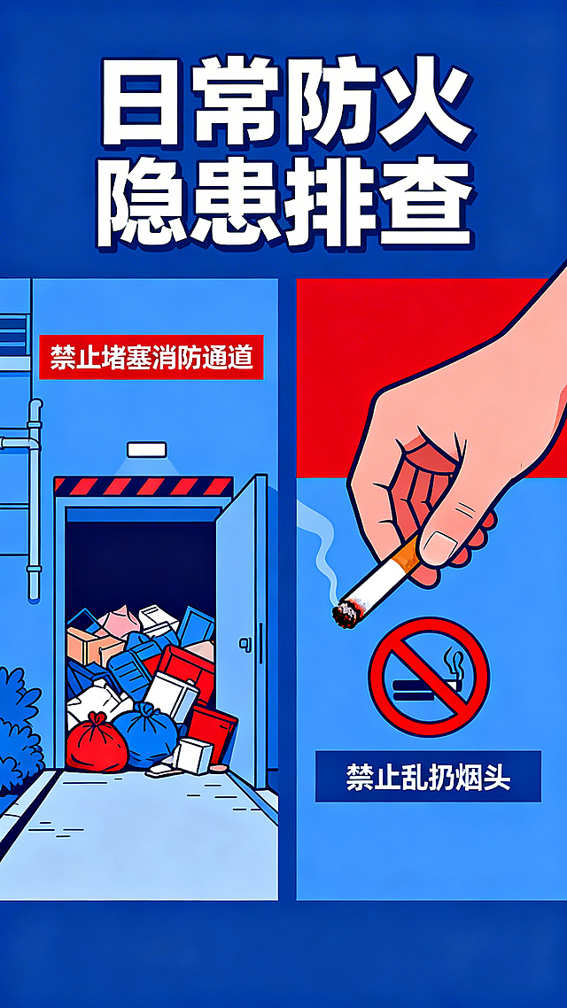 消防知识科普海报，扁平插画风格，主题为日常防火隐患排查，包含堵塞消防通道、乱扔烟头禁止提示，简约设计，清晰直观