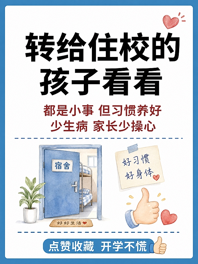 小红书笔记结尾页图文，插图大字，ins清新手绘风，版式精美，小红书笔记封面质感，温馨收尾。版式骨架、分区比例、色调体系与参考图保持一致（相似度约70%），文案与配图换为本次内容。参考图特征：蓝色粗外边框，白色内底，顶部大标题+下方说明文字+手绘水彩风插图，整体干净清爽。页面主标题逐字锁定：「转给住校的孩子看看」，黑色超大粗体字，居中靠上，占画面约40%视觉权重。副标题/正文：「都是小事 但习惯养好 少生病 家长少操心」，红色或深灰色，位于主标题下方。底部互动引导文字：「点赞收藏 开学不慌」，可加浅蓝底色条或蓝色圆角框突出。插图：画面中下部配1~2个手绘水彩风温馨开学小插图（如宿舍门、爱心、点赞手势），不抢标题。背景：白色内底 + 天蓝色粗外边框。装饰：蓝色虚线分隔；1个爱心emoji贴纸点缀；1个点赞emoji贴纸点缀；整体温馨有温度。整体氛围：开学住校、家长关心、温馨提醒、收尾互动。画质：高清细腻，信息层级清晰，主标题与背景强对比，文字完整处于安全区内不可裁切，四周留安全边距。画面比例3:4，4K。图生图：严格使用用户上传图片，【图1】= 版式风格参考图，参考其蓝色边框、白底、标题层级、手绘插图风格。