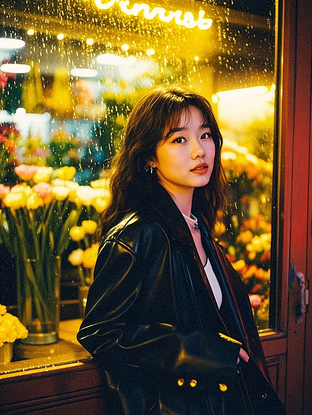 一个皮衣酷酷女孩，雨天，背后有黄色的光和花店，微微小雨，光打在雨上，半身（模特网图，仅供学习，侵删）