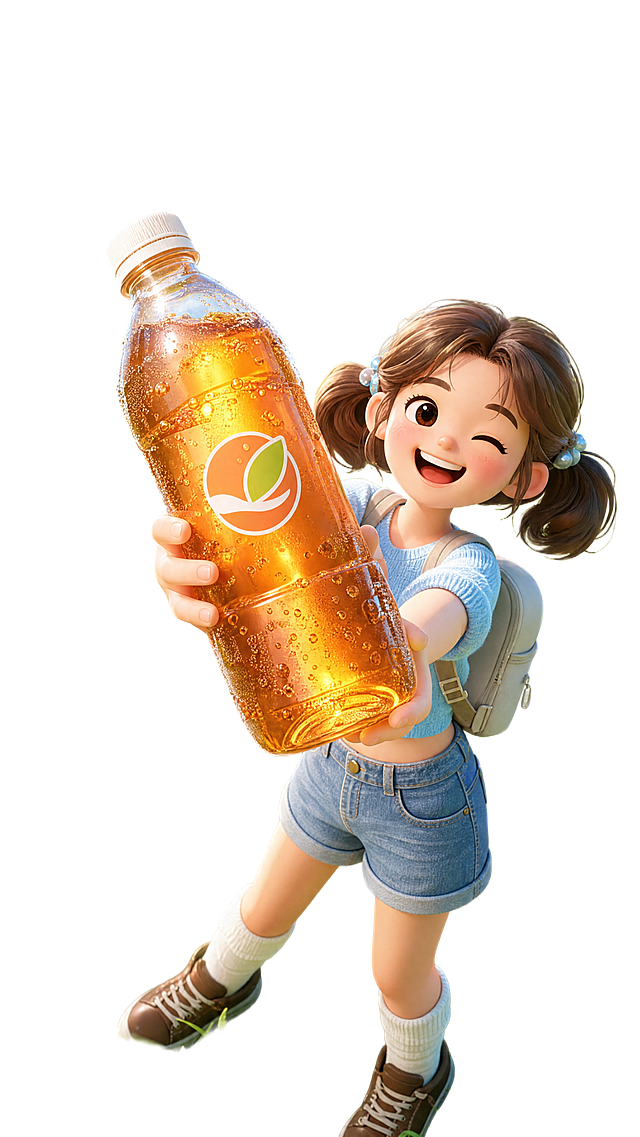 竖版电商促销海报，参考已有构图场景做变化，修改女孩穿衣颜色和发型，主视觉为皮克斯/迪士尼风格的3D卡通女孩，双马尾造型，笑容灿烂，一只眼睛俏皮眨眼，身穿浅蓝色短款针织上衣+牛仔短裤+白袜棕色鞋子，背着浅灰色双肩包，双手捧着一瓶透明PET饮料瓶，瓶身印有品牌logo，瓶中是橙茶色液体，液体有真实折射效果，瓶身布满细密水珠与气泡，光影通透。背景是层次丰富的鲜绿色户外草坪，点缀白色小雏菊与细碎野花，草叶纹理清晰；画面中后景有红白格纹野餐垫，上面摆放藤编野餐篮与水果盘；前景和背景中漂浮多块透明冰块，冰块带有折射光效与轻微色散，部分冰块带有景深模糊效果。整体采用明亮柔和的午后自然光，带有轻微镜头光晕，光影过渡自然，色彩明快通透，高饱和度，C4D+OC渲染，超写实材质，电影级细节，干净清爽的画面风格，8K分辨率，无多余文字干扰