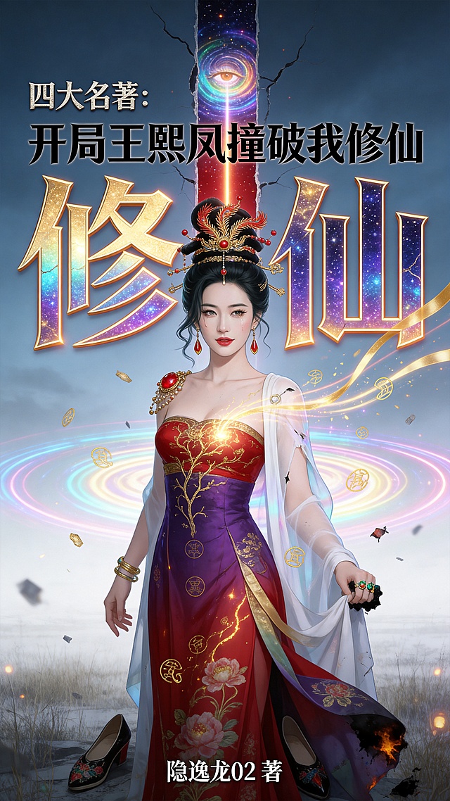 根据参考图人物，制作小说封面，书名：四大名著 开局王熙凤撞破我修仙，笔名：隐逸龙02 著
人物：王熙凤，瓜子脸尖下颌富贵相，丹凤眼眼尾上挑，瞳孔放大眼白有血丝，直视画面外右上方眼神涣散，浓密卷翘睫毛沾着泪珠，上睫毛淡金色，朱唇微张，唇色正红边缘发白下唇颤抖，肤色惨白，颧骨绯红。右侧一缕青丝散落贴脸颊，发梢卷曲。表情是精明人发现世界超出认知的崩溃感
头饰：四层，顶层赤金累丝点翠九尾正凤歪斜，串珠断裂；中层左偏凤完好松动，右偏凤步摇脱落只剩金钗；底层右侧压鬓翘起珠花碎裂；右半边缕鹿髻散落，左侧完整，整体左侧完整右侧崩溃凌乱。耳饰：赤金水滴坠，左耳完好右耳断裂，断口有七彩微光
衣饰：外层月白纱披滑落右肩，玉扣崩裂，纱袖被七彩光吹起，暗纹百鸟朝凤扭曲；中层石榴红高腰抹胸长裙，红渐变绛紫赤金，抹胸翻卷，胸口有金色枝状符文，裙身牡丹暗纹被金光点亮，玉带松脱，右侧裙摆掀起露出衬裙和绣花鞋，一只鞋尖焦黑；内层绯色中衣隐约可见，符文更亮
配饰：赤金红宝石璎珞歪斜右肩，手镯右手脱落左手完好，戒指翡翠布满裂纹有七彩微光，月白丝帕攥在左手中揉成团，边缘焦黑
背景：上半部灰蓝色黄昏天穹，中央竖向裂缝，内部是七彩旋转星河，深处有少年眼睛，七彩光柱倾泻而下照亮王熙凤右半身，左半身阴影，金色符文飘落；下半部虚化贾府后园荒草，枯黄渐变灰白，远景淡京城灯火，裂缝周围悬浮细小空间碎片
特效：金色丝带气运从王熙凤心口飘出向右上方汇入裂缝，七彩同心圆光波从右向左掠过，金色符文在裸露肌肤枝状蔓延，缓慢流动，呼吸般明灭
文字：画面上方悬浮主标题“四大名著：
开局王熙凤撞破我修仙”，“四大名著：”是古朴篆体银灰色做旧金石质感，“开局王熙凤撞破我修仙”是锐利机甲黑体巨大醒目，“修仙”二字最大最亮，文字烫金渐变，有星空纹理，七彩流光描边，3D浮雕，天穹裂缝从修仙二字穿过，文字有裂纹卷曲，淡金色外发光，深红色投影。底部中央是笔名“隐逸龙02 著”，银色细体简洁现代。整体是小说封面风格，奇幻诡异氛围感