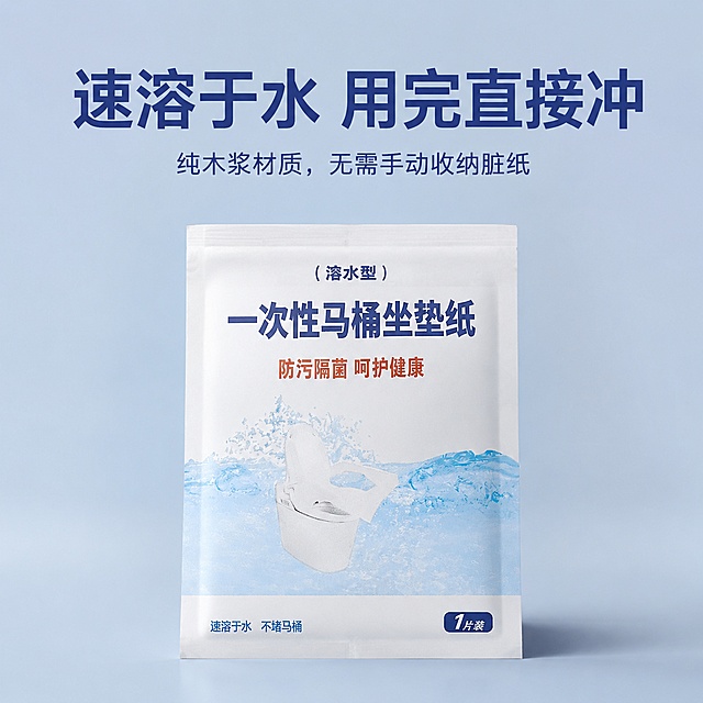 [主图2] 1:1正方形一次性速溶马桶垫主图，使用图1（https://gdesign-dam-hz.dancf.com/36954521636424831/2217365215d1413a9497b5e9ba758d61.jpg）作为产品展示，延续和主图1一致的简约高级柔光低饱和风格，浅蓝哑光底色。本屏展示产品包装，突出速溶卖点，整体排版干净居中。[氛围/风格] 简约干净，柔光低饱和，商业质感。[光影质感] 均匀柔光，产品清晰。[配色色系] 低饱和浅蓝哑光底色，文字深蓝色。[文字版式] 顶部主标题："速溶于水 用完直接冲"，副标题："纯木浆材质，无需手动收纳脏纸"，产品包装放置在中下部，文字在上方居中，字体统一免费可商用，文字清晰。[比例分辨率] 1:1正方形比例，分辨率4K，高清画质。[负向提示词] 包装变形，文字错乱，颜色偏差。