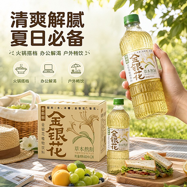 [主图-4] 场景与体验，展示金银花饮料的日常饮用场景，增强代入感。
[统一基调] 整体风格清新自然品质感，背景主色为浅米黄+淡绿色草本渐变，标题字色为深棕色，辅助字色为橄榄绿，强调色为金色，字体为厚重圆润黑体，字号层级分明，卡片用浅米色圆角轻阴影样式，图标为简约线性草本风格。
[画面] 夏日户外野餐场景，木质野餐垫上摆放着泰新鲜金银花饮料（单瓶+半箱），旁边有水果、三明治、草帽等野餐物品，背景为虚化的公园草地与树荫，阳光透过树叶洒下斑驳光影。一只手正拿起一瓶饮料，瓶身有冷凝水珠，体现清凉解渴的饮用时刻。画面氛围轻松惬意，充满夏日清爽感。
[光影质感] 自然户外阳光，斑驳树影效果，光线柔和温暖，产品在场景中光影自然融合，没有硬切边缘，整体真实有生活气息。
[配色] 自然户外绿色与米色为主，深棕色标题，绿色辅助，金色点缀，整体色调清新夏日感。
[文字版式] 画面上方主标题「清爽解腻 夏日必备」，下方辅助文案「火锅搭档 办公解渴 户外畅饮」，三个场景用小图标横向排列。文字放在画面上方负空间，不遮挡主体场景。
[输出要求] 1:1正方形，2K分辨率，场景自然真实，产品融入自然，手部正常无畸形，文字清晰，不变形不错字，无水印无平台Logo。