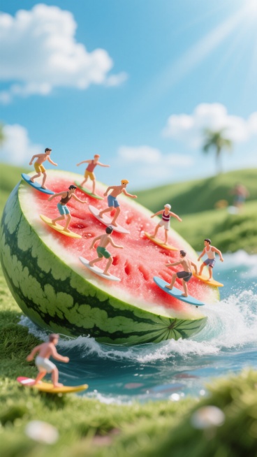 一群人在切开的西瓜上冲浪；画面明亮清新，蓝天白云草地的背景；预览效果