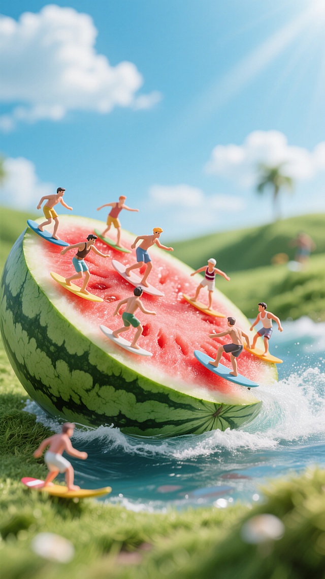 清新卡通风格，微缩艺术展现超现实主义，西瓜冲浪创意无限。