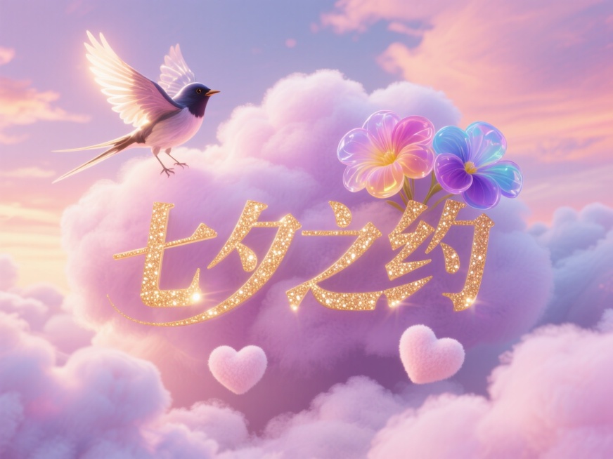 横向金色文字"七夕之约"。粉雾紫云层背景 + 细闪金粉文字，喜鹊融于晚霞云朵，羽毛边缘泛柔光，花朵为透明材质的三色堇，随角度变色，文字底部有漂浮的棉花糖质感爱心云预览效果