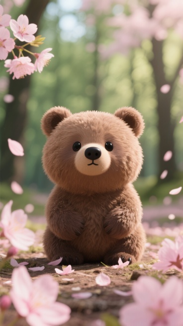 一只可爱的卡通小熊，有着圆滚滚的身体和毛茸茸的棕色皮毛，黑色的小眼睛闪烁着好奇的光芒，正坐在一片开满粉色樱花的森林里，周围是飘落的樱花瓣，背景是虚化的绿色树木，整体画面采用高度写实的摄影风格，柔和的自然光从左上方照射下来，在小熊身上形成细腻的光影过渡和清晰的毛发纹理，前景有几片粉色的樱花花瓣作为自然的框架，营造出温馨、治愈的氛围。预览效果