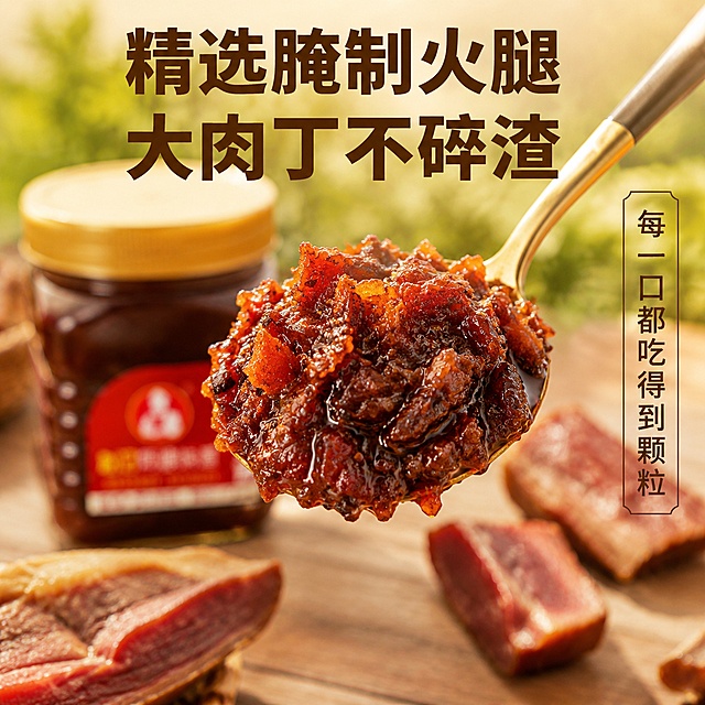 [主图-2] 火腿酱核心原料细节展示图，农村自然背景。
[氛围风格] 真实原生态食材质感，突出原料优势。
[画质] 微距美食摄影，纹理清晰，质感真实。
[元素] 勺子舀起满满的火腿酱，悬浮在画面中心，清晰展示每一块大颗粒火腿肉丁，油亮光泽突出。后方虚化放整瓶火腿酱作为背景，保留产品识别度。保持火腿颗粒的真实质感和颜色，不改变原有形状和色泽。背景为浅木色农村桌面，散落几片风干火腿块作为原料展示。商品主体占比约70%。
[光影] 自然暖阳逆光，突出酱料油润通透感，颗粒轮廓清晰，油光诱人。
[配色] 深棕酱色为主，搭配金色勺子提亮，浅木色背景衬托。
[视角构图] 平视特写，聚焦勺子上的火腿酱颗粒，景深较浅突出主体。
[文字版式] 顶部大字文案："精选腌制火腿 大肉丁不碎渣"，深棕色粗体；右侧竖排小字："每一口都吃得到颗粒"，清晰可读不遮挡主体。
[输出要求] 1:1比例，文字清晰可辨，超高清微距美食摄影。
[负向提示词] 变形，文字错乱，产品模糊，背景杂乱，水印，电商平台Logo。