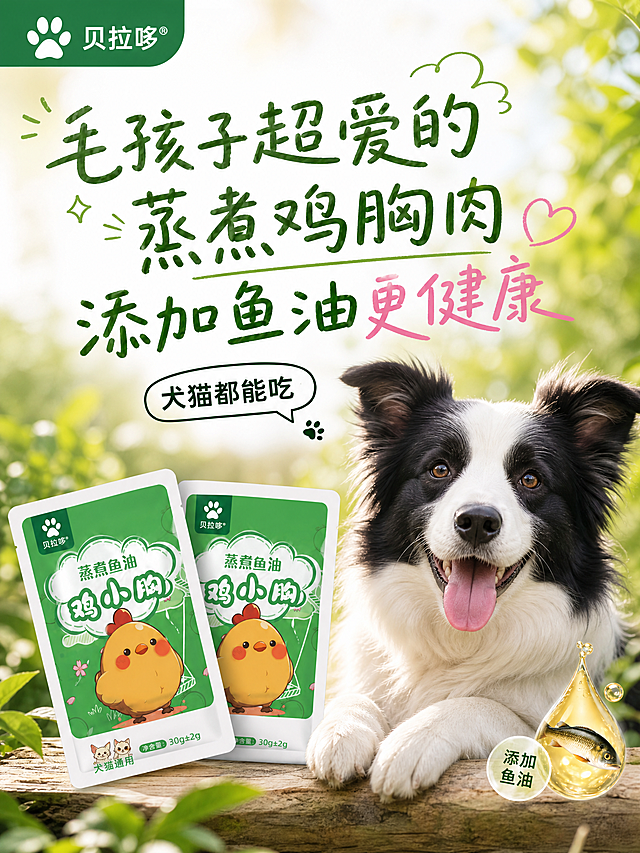 小红书封面图，贝拉哆蒸煮鱼油鸡小胸宠物零食，可爱边牧狗狗和产品包装合影，参考图风格：户外清新自然背景，手绘字体卖点，文字卖点：“毛孩子超爱的蒸煮鸡胸肉 添加鱼油更健康 犬猫都能吃”，自然治愈风格，适合小红书竖版封面