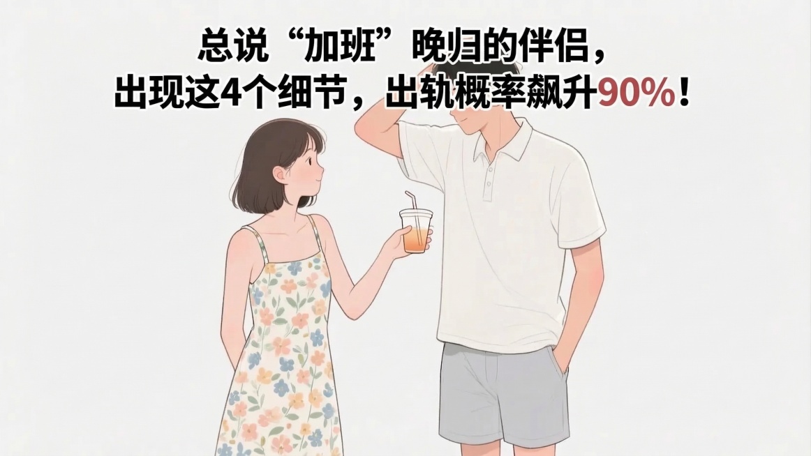 在图片中添加文字：总说“加班”晚归的伴侣，出现这4个细节，出轨概率飙升90%！文字排版合理清晰，保留原图所有内容预览效果