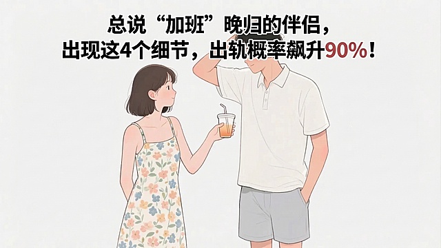 在图片中添加文字：总说“加班”晚归的伴侣，出现这4个细节，出轨概率飙升90%！文字排版合理清晰，保留原图所有内容