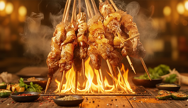 把这些照片高清放大，生成16：9的横板照片，添加美食氛围背景，添加美食元素，添加火焰元素，火焰元素透明渐变，添加蒸汽元素，蒸汽元素透明渐变，调整色调为暖金色