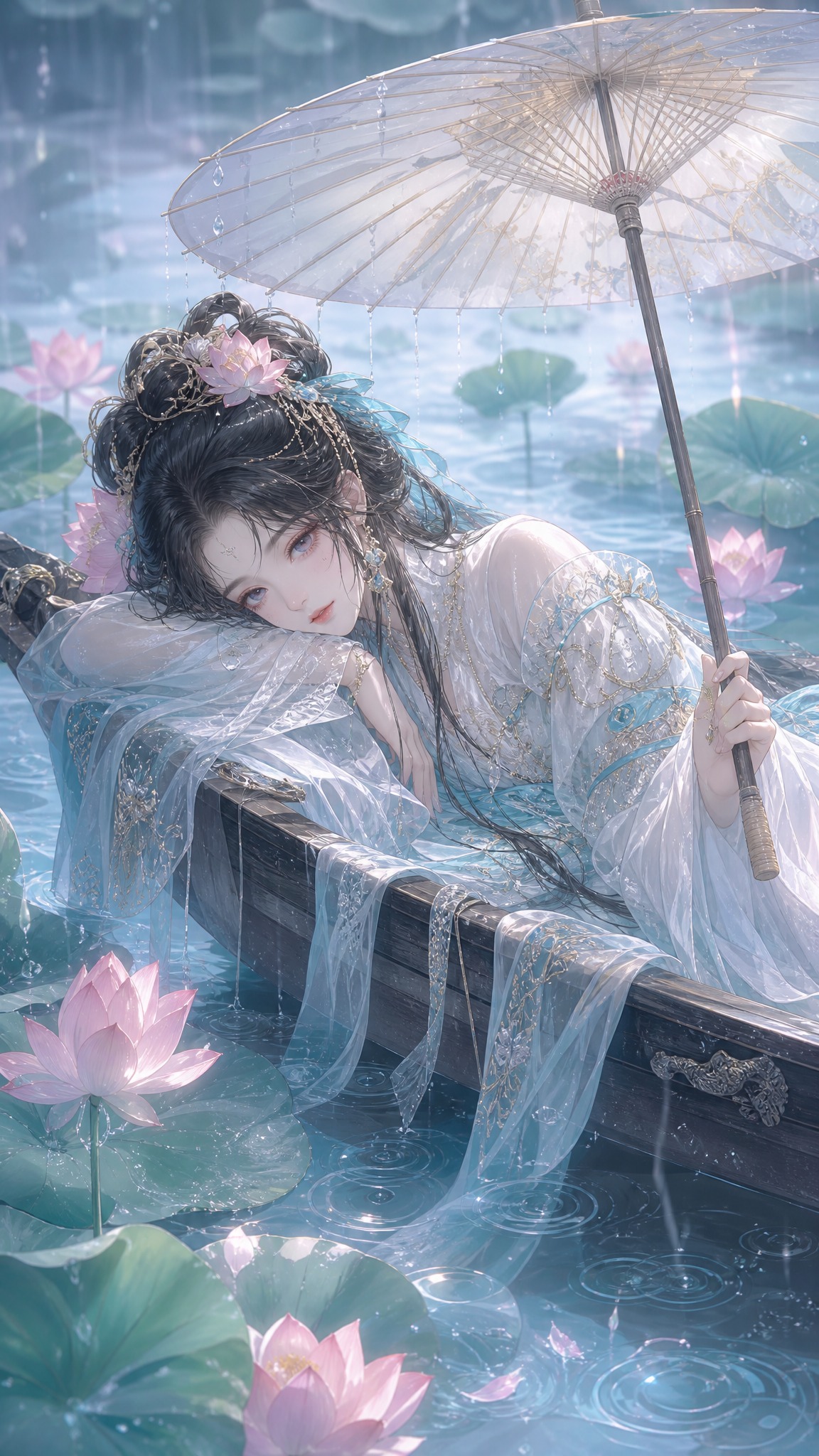 古风二次元插画，一位温婉少女卧在漂浮于荷塘的小木船中，乌黑繁复… - 图片创意预览