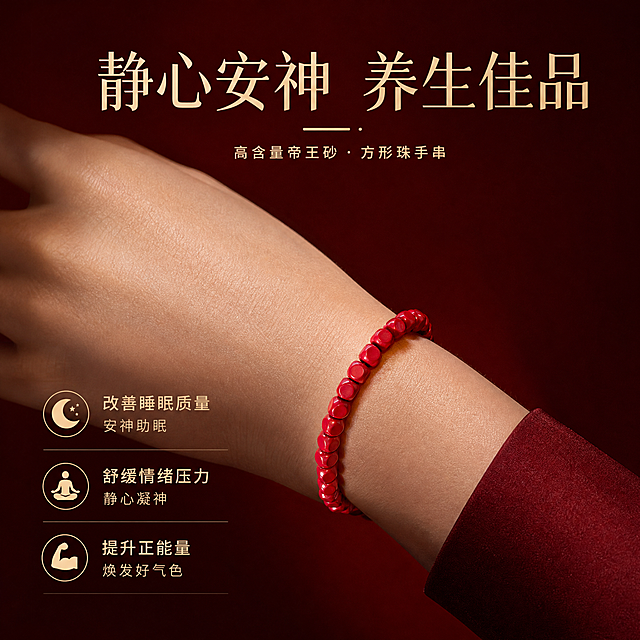 电商淘宝天猫主图，朱砂手串佩戴效果展示，产品为高含量帝王砂方形珠手串，珠约5.5mm，约14g，共33颗，保持产品原样不修改外观。高级质感风格，参考图4的高级光影质感，深红色渐变背景，柔和侧光，高级质感，展示手串佩戴在手腕上的优雅效果，上方大字标题"静心安神 养生佳品"，下方卖点文字带图标："🌙 改善睡眠质量 安神助眠""🧘 舒缓情绪压力 静心凝神""💪 提升正能量 焕发好气色"，文字清晰美观，现代高级字体，1:1正方形构图，商业产品摄影，高级精致