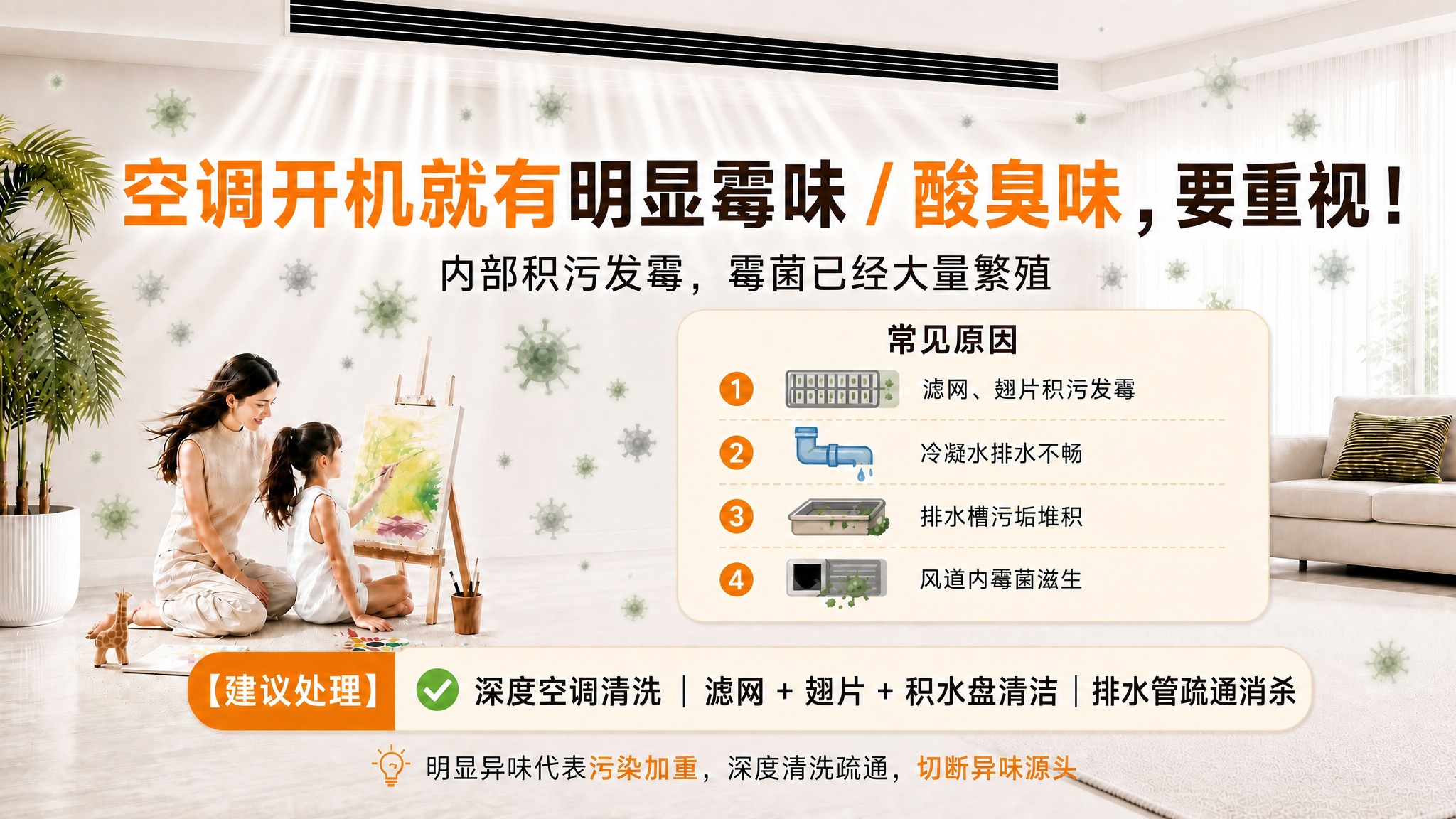编辑这张「明显异味」空调科普海报：仅修改底部【建议处理】条中的… - 图片创意预览