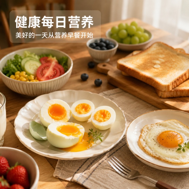 [主图-5] 家庭餐桌食用场景图；[氛围风格] 温馨生活场景，有食欲感；[画质] 商业摄影质感，温暖自然光线，真实诱人；[元素] 木质餐桌上，摆放着绿壳鸡蛋制作的水煮蛋、煎蛋，鸡蛋已经切开，展示鲜嫩蛋预览效果