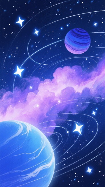 深邃的深蓝色宇宙背景，点缀着无数闪烁的白色星星和明亮的蓝色恒星，弥漫着紫色与粉紫色渐变的星云，星云呈现出柔和的云雾状质感，具有透明晕染的水彩般效果，画面左下角有一个较大的蓝色星球，表面有白色的纹路，右上角有一个较小的蓝紫色星球，表面有深色条纹，星空背景中布满螺旋状旋转的星轨痕迹，星轨呈现出明亮的白色光带，在深蓝色的宇宙背景中形成动态的视觉效果，整体画面营造出神秘、梦幻、浩瀚的宇宙氛围，光影运用……预览效果