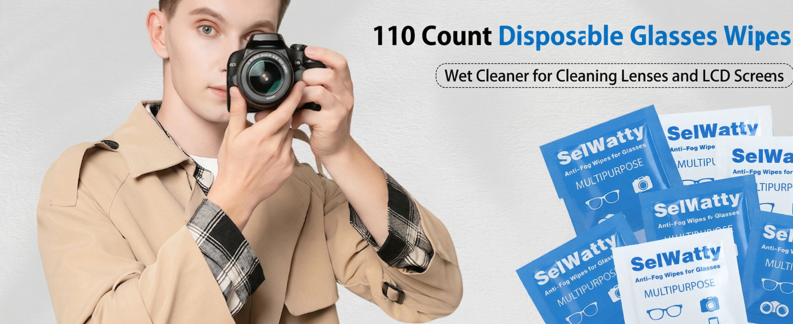 将图中的日语替换为英文：大标题“110 Count Disposable Glasses Wipes”，副标题“Wet Cleaner for Cleaning Lenses and LCD Scre预览效果