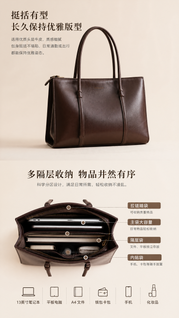 [第3屏] 棕色真皮女包版型卖点展示，上图下文排版，上半部分展示包包挺括外观保持原有版型颜色，下半部分介绍多隔层收纳卖点，9:16竖版4K，文字清晰，禁止变形预览效果