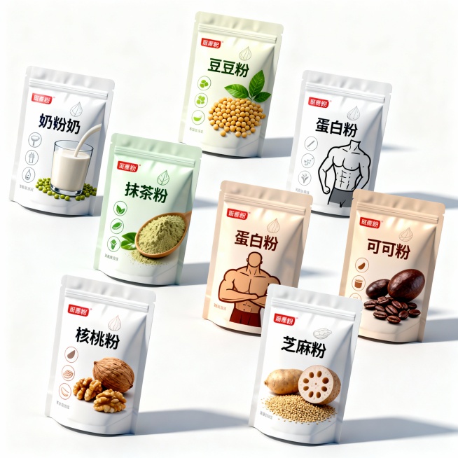 电商产品主图风格，纯白背景。八款针对不同粉末产品（如奶粉、豆粉、抹茶粉等）的创意包装袋设计。它们以两排错落有致的方式摆放，包装上带有直观的卖点图标（如绿叶、牛奶、坚果等），采用高光和柔和阴影突出立体感预览效果