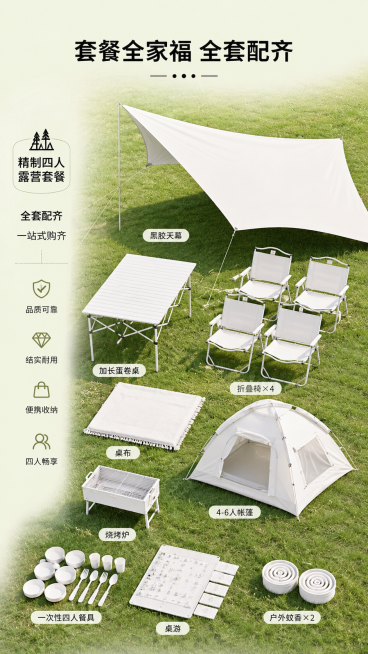 [第2屏修改] 套餐全家福展示-精制四人露营套餐全配件拆开展示，所有配件都调整为白色。
[氛围/风格] 清新户外整理风，干净草地背景，商业摄影，物品摆放整齐清晰。
[元素布局] 将套餐包含的所有配件：预览效果