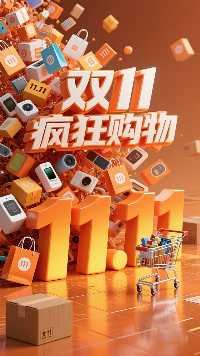 创作一幅卡通 3D 风格的 双11促销海报，整体以暖橙色为主色调，色彩明亮，营造热闹欢快的购物氛围。画面上方有醒目的白色粗体大字 “双11疯狂购物”；左侧和中间区域，大量色彩缤纷的商品（包括各色购物袋、包装盒、电子产品、带有 “11.11” 标识的物品等）从左向右如潮水般倾泻而下，充满动感与活力；右下角有立体的橙黄渐变 “11.11” 数字，旁边摆放着一辆装满商品的购物车，地面还有带有快递标识的棕色纸箱，地面带有光泽反射，增强画面的质感与空间感。