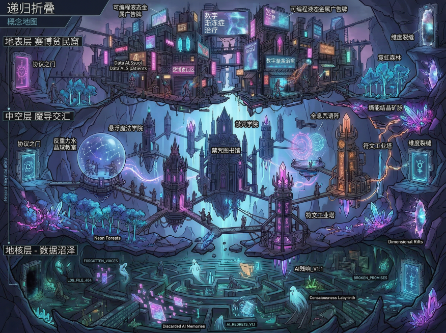 完全保留原图的所有画面结构、赛博朋克魔幻风格、霓虹光效和色彩，精准将所有英文翻译替换为清晰的中文，中文排版位置与原英文完全一致，保证所有中文文字清晰可识别：
- 左上角：递归折叠 / 概念地图
- 地预览效果