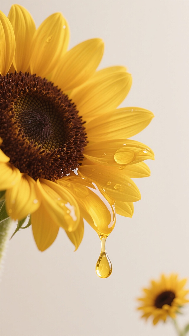 高清写实风格的向日葵特写，明亮的金黄色花瓣边缘带有自然的渐变光影，深棕色花盘布满细密的籽粒纹理，花瓣上悬挂着晶莹剔透的黄色油滴正缓缓滴落，油滴表面反射出高光，背景为干净柔和的米白色，右下角点缀一朵较小的向日葵作为呼应，整体画面简洁清新，光线柔和，色彩明快，具有高度的细节质感和自然真实的光泽，适合作为背景素材使用。