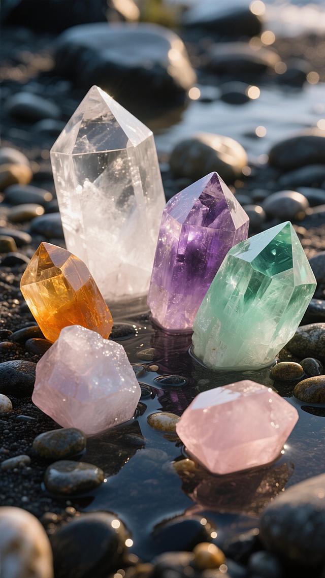 一组造型各异、棱角分明的多色水晶簇，包含透明无色、淡紫、翠绿、橙黄、浅粉等多种色彩，晶体表面光滑且折射出璀璨光芒，部分水晶半浸在湿润的深色鹅卵石滩上，周围散落着小颗圆润石子，采用温暖柔和的侧逆光照明，形成清晰的明暗对比和柔和的光晕效果，整体呈现出高度写实的质感与细腻的光影细节，营造出宁静而神秘的自然氛围。