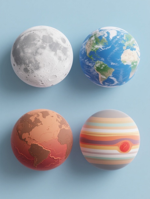 一张软3D风格的星球系列海报，纯色背景，画面中规整排布着四个完全不同的星球：月球、地球、火星和木星。月球表面布满陨石坑，呈现柔和的灰白色调；地球展现出蓝白相间的云层和蓝绿色的海洋，以及棕色的陆地轮廓；火星呈现温暖的红棕色，表面有明显的干涸河道和火山痕迹；木星则以其标志性的彩色条纹和大红斑为特征，色彩丰富。所有星球都具有光滑的3D质感和柔和的光影效果，整体色彩明快和谐，视觉层次清晰，信息传达高效……预览效果