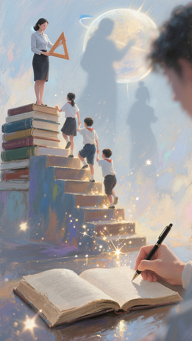 梦幻水彩插画，超现实主义风格，孩子们在书本阶梯上追寻知识的光芒。