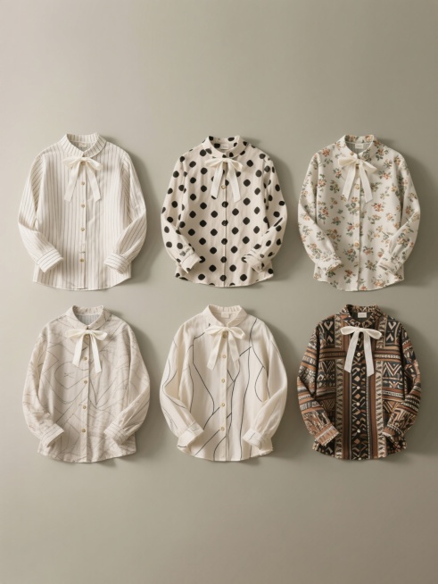 服装平铺摄影风格，6款不同花纹的宽松版型衬衫系列素材集合，均为立领设计，前襟单排扣，长袖带袖口，领口处有白色飘带蝴蝶结装饰，衬衫材质呈现轻薄透气的质感。6款衬衫花纹分别为：1. 简约细条纹，2. 复古波点，3. 几何菱形格，4. 小碎花图案，5. 抽象线条，6. 民族风图腾，所有衬衫规整排布。整体背景为柔和的莫兰迪色系纯色，光线均匀柔和，阴影自然，构图平衡对称，视觉层次分明，画面简洁干净，突出……预览效果