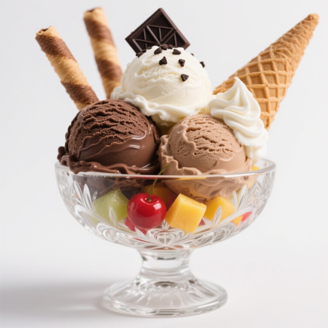 色彩鲜艳的写实风格冰淇淋球组合，透明雕花玻璃高脚杯盛放，三个不同口味的冰淇淋球堆叠：深棕色巧克力口味带细腻波纹，白色香草口味点缀黑色巧克力碎，浅棕色香草口味顶部装饰黑色几何图案巧克力片，右侧有螺旋状奶油，杯壁内侧底部有彩色水果丁（红色樱桃、黄色芒果块），两根棕色酥脆蛋筒斜插在冰淇淋球后方，整体光影明亮柔和，高光突出冰淇淋的丝滑质感和玻璃的透明光泽，色彩饱和度高且对比鲜明，构图饱满居中，背景为纯……预览效果