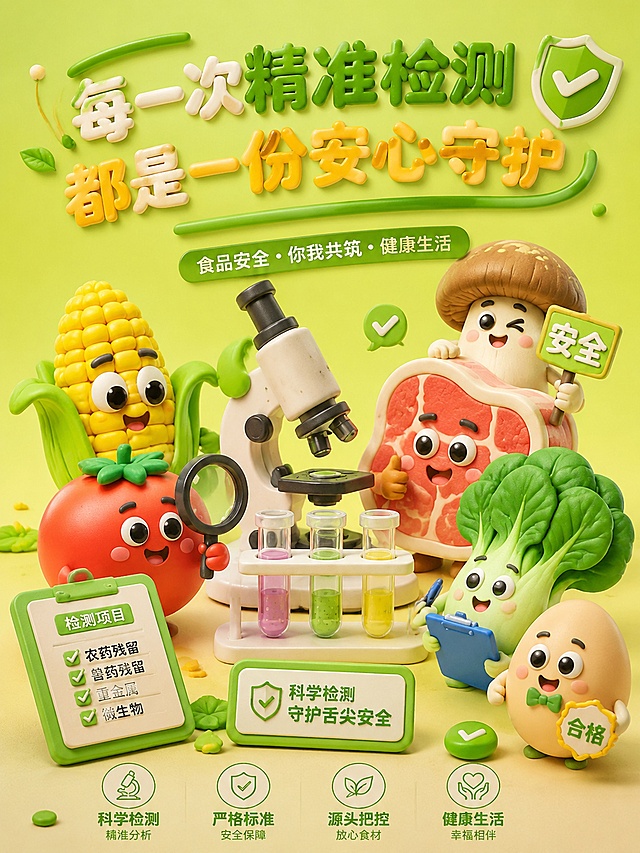 参考粘土风格，宣传食品安全检测主题海报，主题文字内容为"每一次精准检测 都是一份安心守护"，展示拟人化的可爱安全食材，C4D黏土风格，明亮明快的配色，符合食品安全健康的视觉氛围