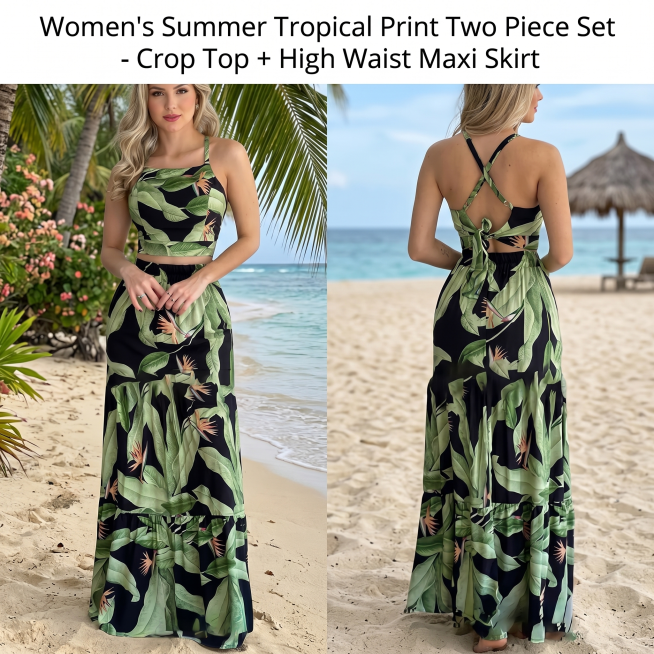 A European woman wearing this summer two-piece tropical print beach set: sleeveless crop halter top预览效果