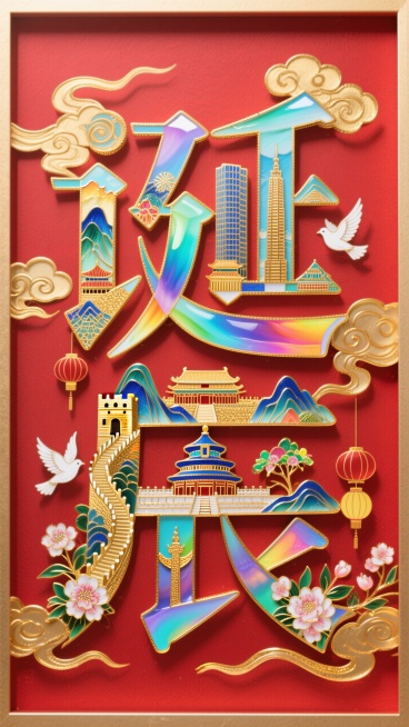 字体设计，“诞辰”字笔画进行解构用元素拼接而成，文字笔画填充建筑（长城、山脉、故宫、天坛、高楼大厦等）、鲜花、灯笼，白鸽点缀，光影交织，边缘环绕着金色的祥云，红色背景预览效果