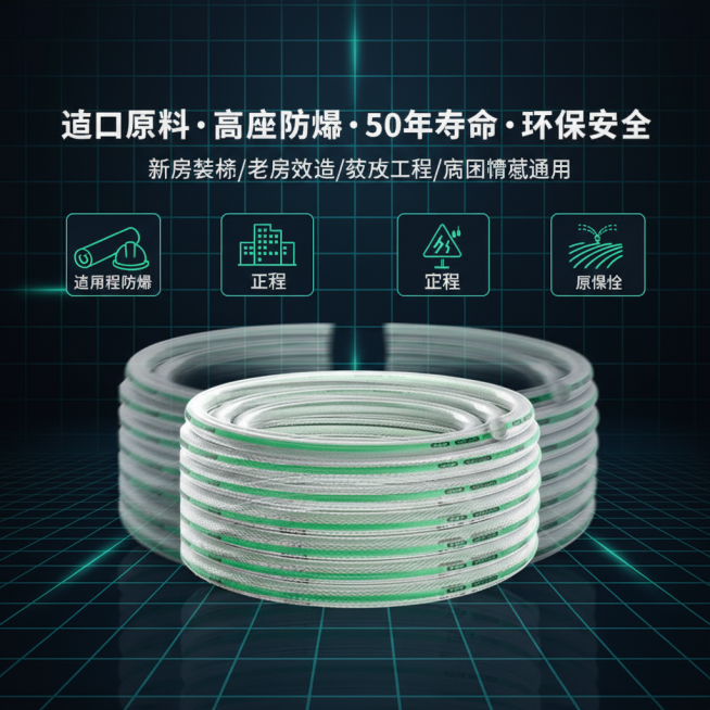 这张图片是产品主体这款产品是科麦罗PVC高压防爆软管  我需要设计10张主图在拼多多上面售卖    可以用  新房装修必备：厨房给排水、卫生间淋浴 / 马桶管道、阳台洗衣池供水，环保安全不影响家人健康预览效果