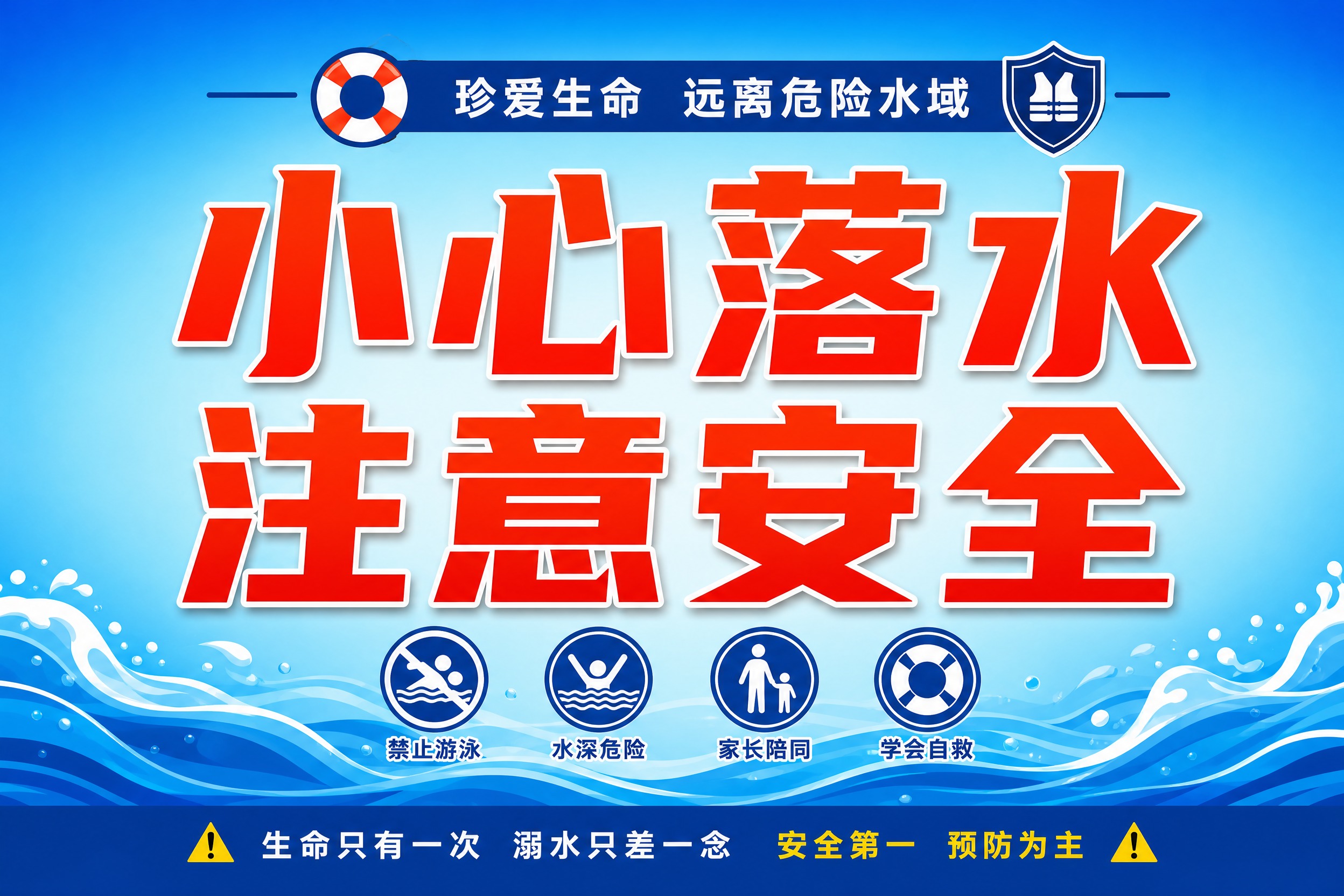 一张横版防溺水安全警示海报，极简风格，A4横版比例。画面中心是… - 图片创意预览