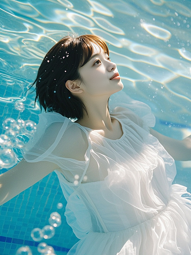 梦幻液态风，清新唯美的动漫少女在虚拟现实中漂浮，光影交织，泡泡环绕。