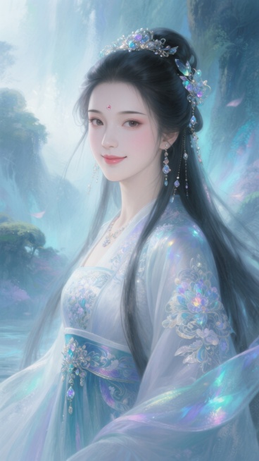 古风美女，拥有着细长的柳叶眉，眉目传情，灵动的眼眸，顾盼生辉，极具魅力。她身穿华丽的古装，身姿婀娜，服饰上绣有精美的图案。头发如瀑布般垂落，发间点缀着璀璨的饰品。肌肤白皙如玉，五官精致立体，樱桃小口微预览效果