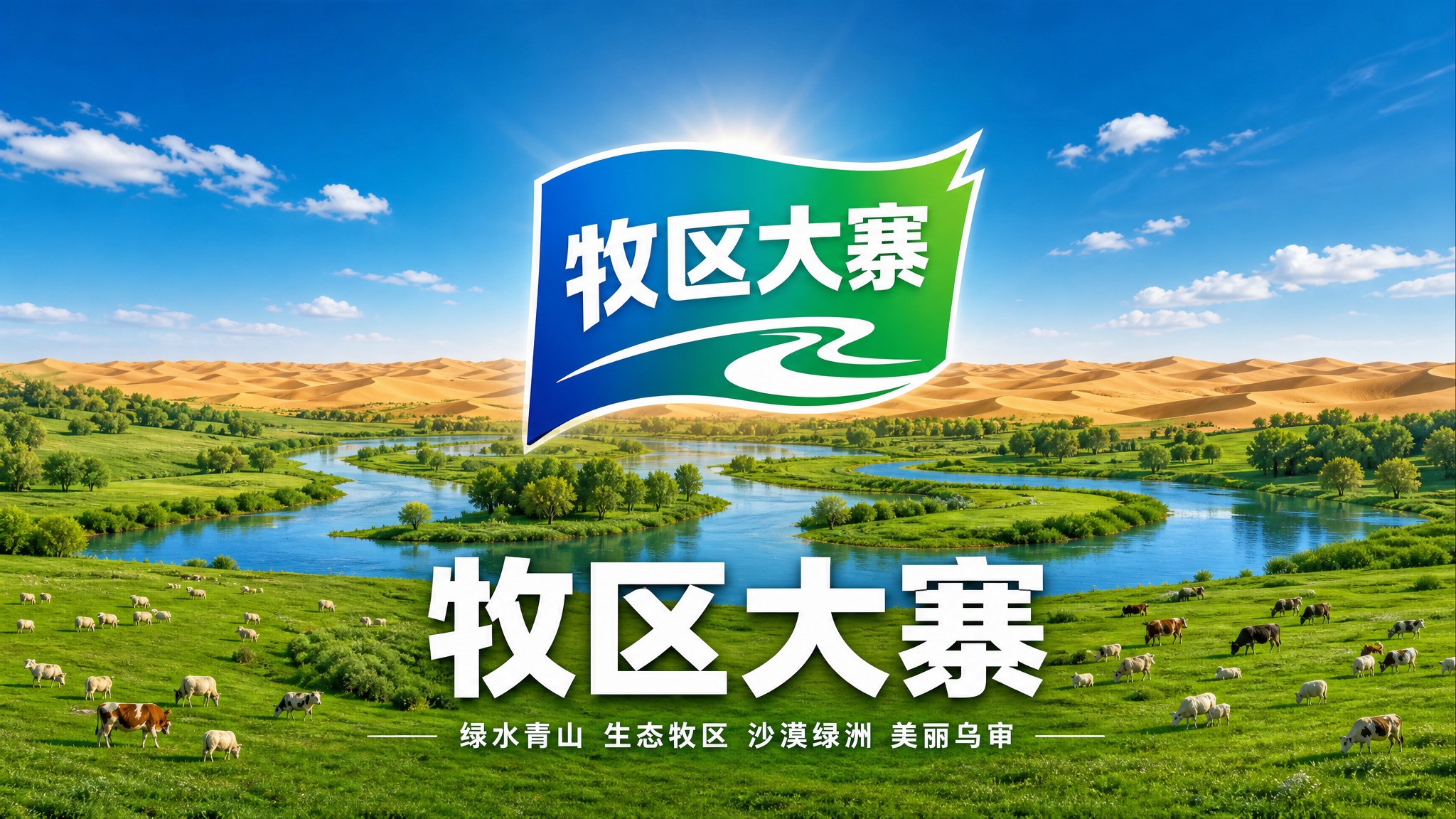 参考图风格：沙漠绿洲生态风光，绿色草原、河流、树林、牛羊，蓝天… - 图片创意预览