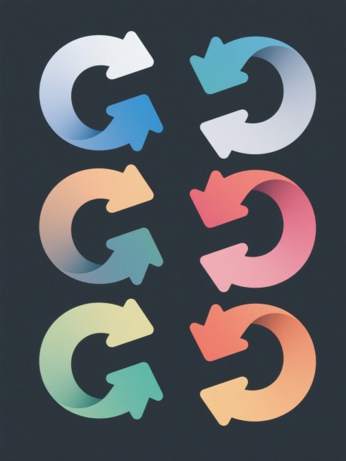 一系列六个设计素材集合，每个素材均为纯色背景上的抽象箭头循环图形，保持两个对称箭头组成的环形结构但变换箭头造型细节，整体画面色彩完全不同且每个素材配色统一和谐，所有素材规整排布成一个整体，呈现出清晰的系列感和设计一致性，现代简约风格，平滑渐变色彩，简洁流畅的线条，对称平衡的构图，高对比度，清晰的视觉层次，扁平化设计，几何抽象元素，专业设计感，视觉统一的系列作品，循环箭头图案，不同箭头造型细节，……预览效果