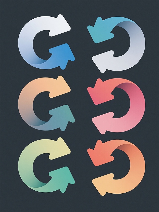 一系列六个设计素材集合，每个素材均为纯色背景上的抽象箭头循环图形，保持两个对称箭头组成的环形结构但变换箭头造型细节，整体画面色彩完全不同且每个素材配色统一和谐，所有素材规整排布成一个整体，呈现出清晰的系列感和设计一致性，现代简约风格，平滑渐变色彩，简洁流畅的线条，对称平衡的构图，高对比度，清晰的视觉层次，扁平化设计，几何抽象元素，专业设计感，视觉统一的系列作品，循环箭头图案，不同箭头造型细节，统一和谐的单色配色方案，规整排列布局。