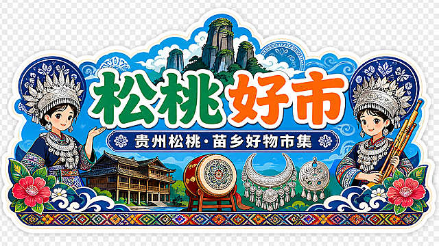 参考图风格的市集小摊门头设计，透明背景无需背景，整体为异形波浪边缘加白色描边的招牌样式，国潮插画风，色彩鲜艳明快，整体协调统一。主题为贵州松桃，主标题大字为"松桃好市"，副标题为"贵州松桃·苗乡好物市集"。画面融入松桃苗族特色元素：苗族服饰少女、苗族银饰、苗绣纹样、苗族吊脚楼、苗族蜡染图案、苗鼓、梵净山元素、苗族芦笙，左右元素对称平衡，底部有苗族传统装饰花纹，文字清晰醒目，排版美观，高质量插画