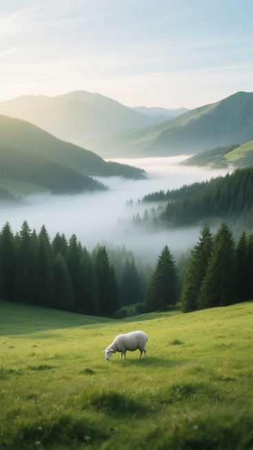 一幅宁静致远的自然风景摄影作品，晨光熹微中，广阔的山谷间弥漫着轻盈的白色晨雾，雾霭在墨绿色的茂密松树林间流动，远处连绵的青山被柔和的光线勾勒出起伏的轮廓，近处是一片生机盎然的嫩绿色草地，一只白色的绵羊独自在前景的草地上安静觅食，整体色调以苍翠的绿色、柔和的晨光色与朦胧的白色为主，光影层次丰富，画面通透，营造出清新、静谧、远离尘嚣的田园诗意氛围，构图采用经典的三分法，前景草地、中景松林与远景山峦……预览效果